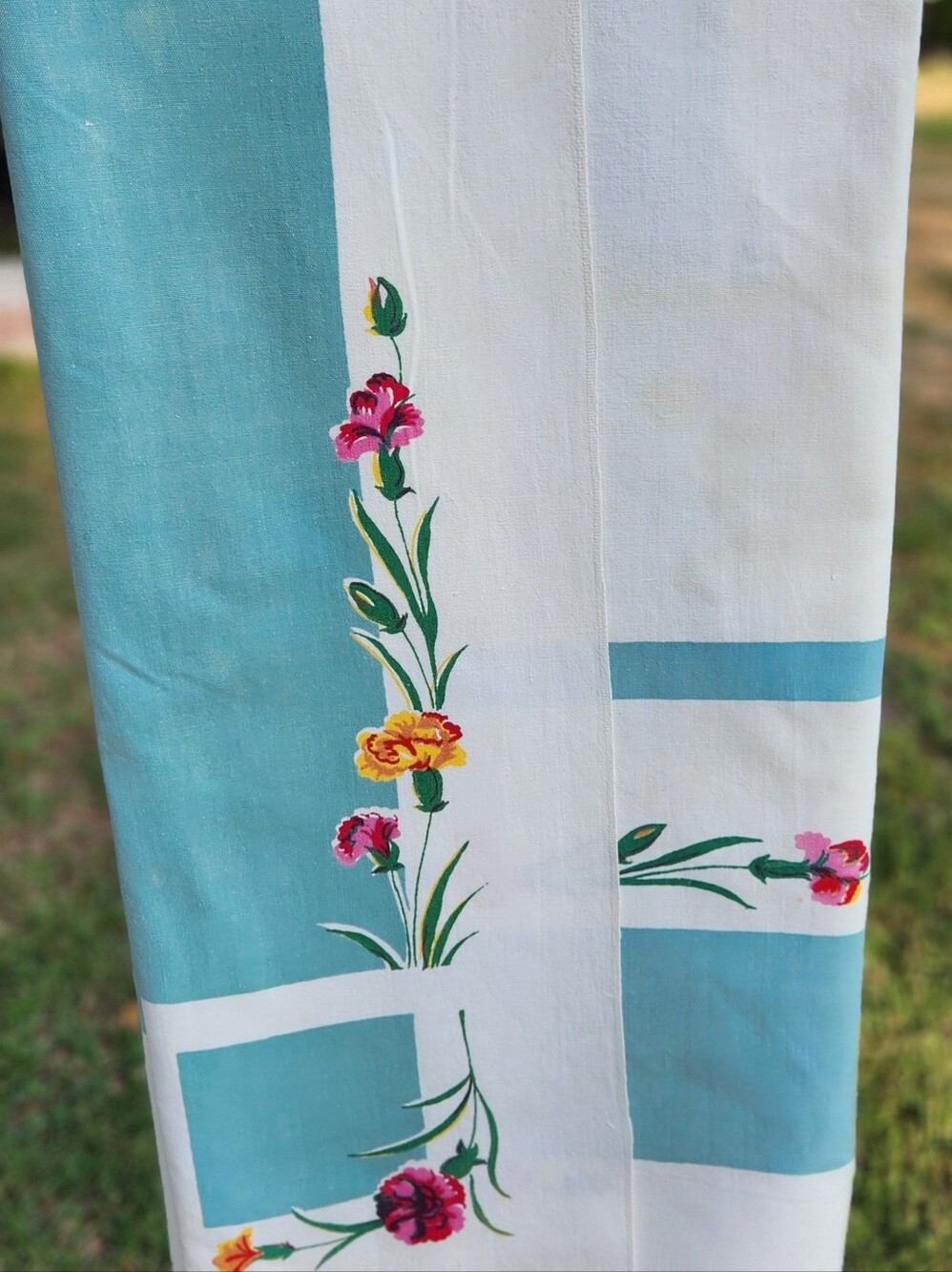 VINTAGE HANDMADE COTTON PRINT TABLE CLOTH SIGNATURE STAMP